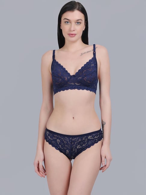 mod & shy Navy Self Pattern Everyday Bra Panty Set