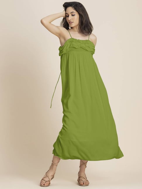 Moomaya Olive Relaxed Fit Midi Dress-picture-30