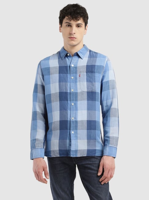 Mens Shirts Levis Blue Check Shirt Levi's Blue Slim Fit Checks Shirt
