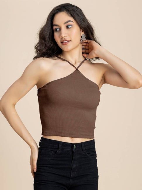 Moomaya Brown Slim Fit Crop Top