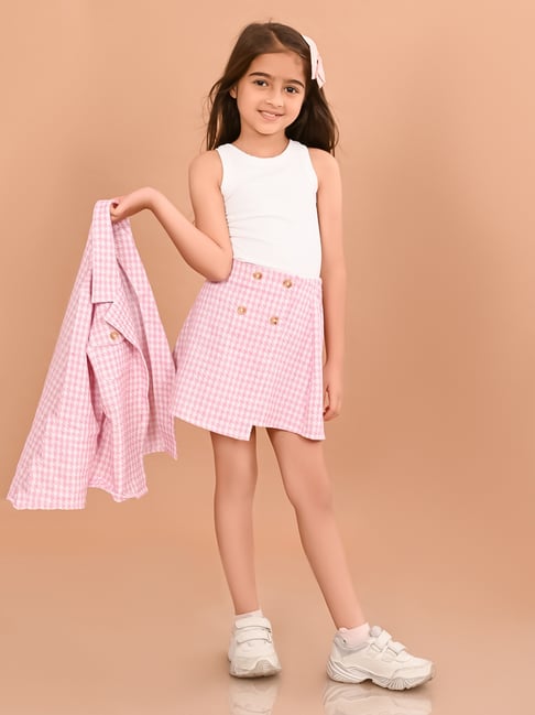 LilPicks Kids Pink White Checks Full Sleeves T-Shirt, Skirt with Blazer