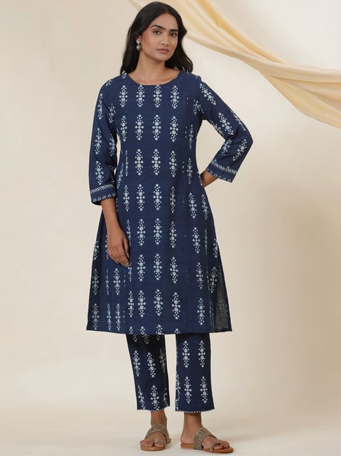 W Blue Cotton Printed Straight Kurta-picture-28