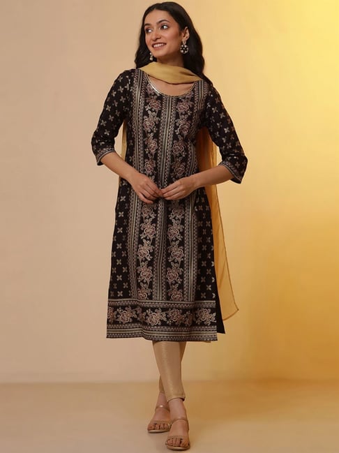 Aurelia Black Golden Printed Kurta Leggings Set With Dupatta