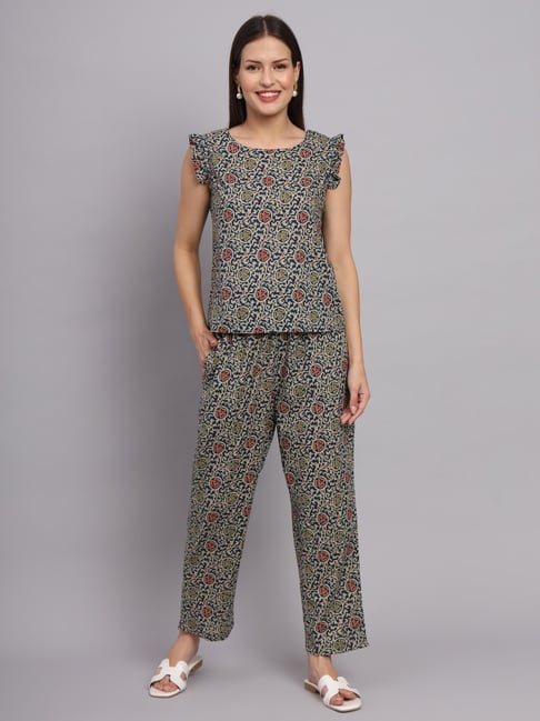 DECKEDUP Navy & Beige Printed Co-Ord Set