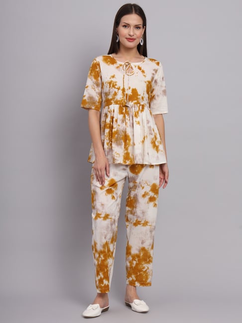 DECKEDUP White & Mustard Tie - Dye Co-Ord Set