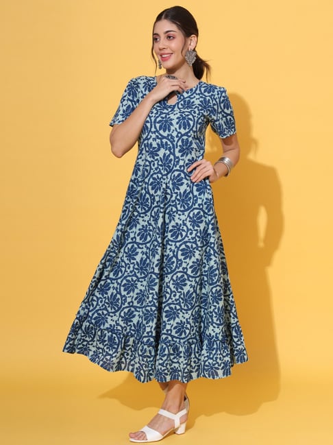 DECKEDUP Blue Floral Print Midi Dress