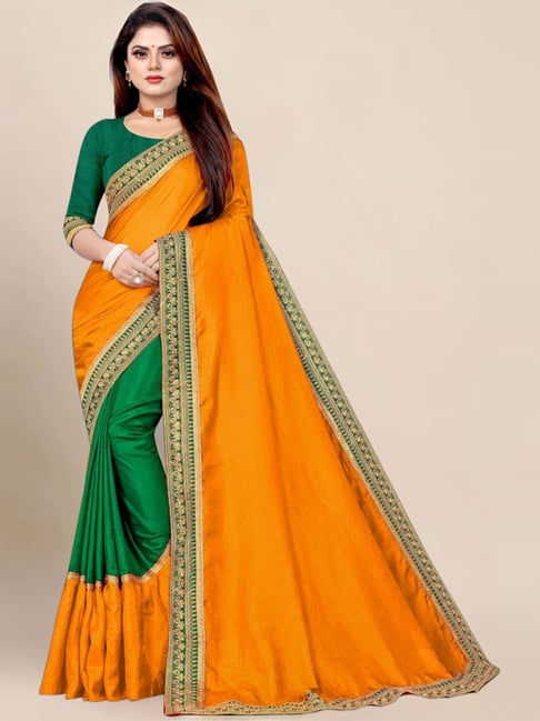 Anjaneya Sarees Orange & Green Silk Embroidered Saree With Unstitched Blouse-picture-23