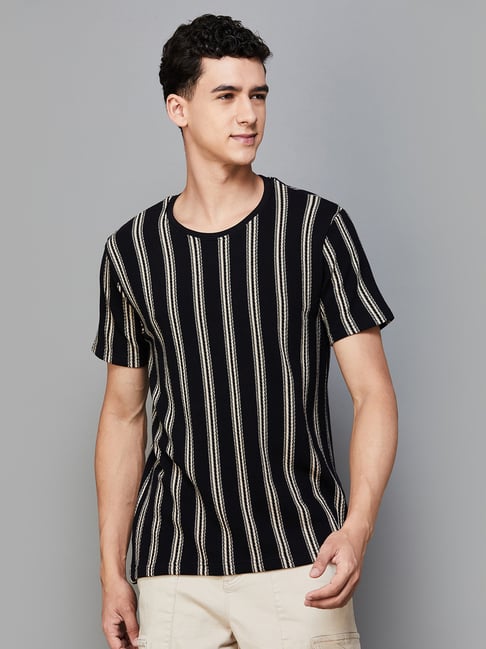 Fame Forever by Lifestyle Black Regular Fit Striped Crew T-Shirt