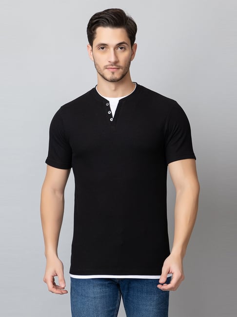 Club York Black Regular Fit Textured Henley T-Shirt-picture-20
