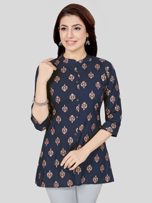 Saree Swarg Navy Printed A-Line Short Kurti-picture-16
