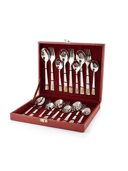 FnS Raga Silver & Gold Stainless Steel 24 Karat Gold Plated Cutlery - Set of 18-picture-24