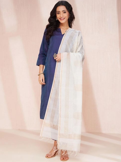 fabindia Natural Cotton Silk Blend Hand Block Printed Dupatta-picture-42