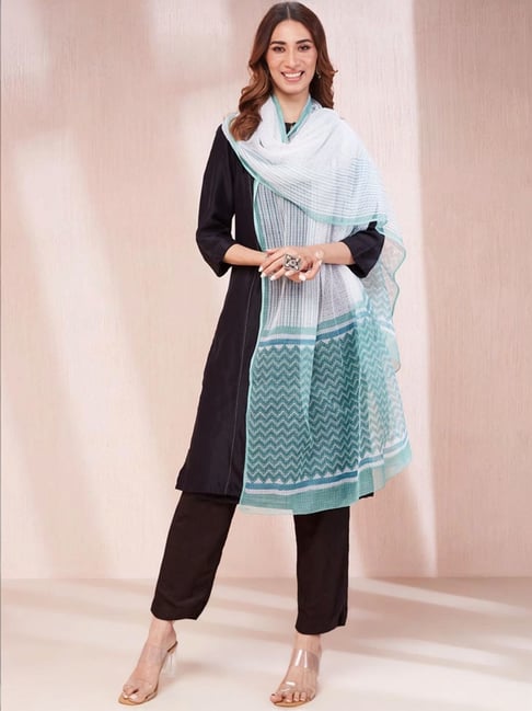 fabindia Blue Cotton Silk Hand Block Printed Dupatta-picture-44