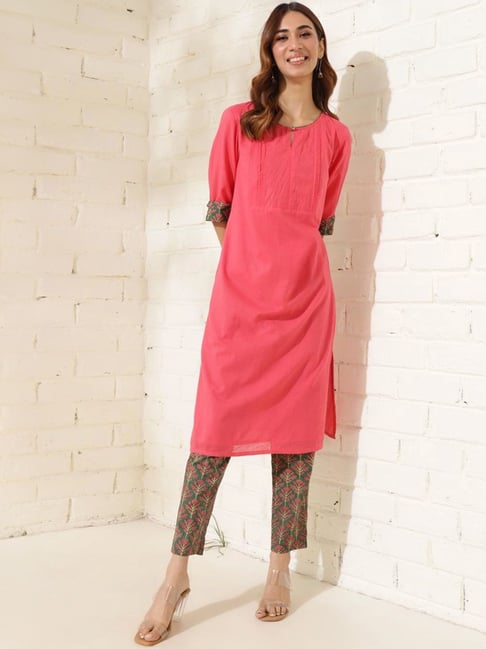 Fabindia Pink & Green Cotton Floral Print Kurta Pants Set