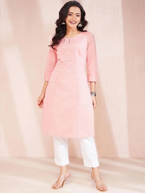Fabindia Pink Cotton Embroidered Slim Fit Knee Length Kurta-picture-35