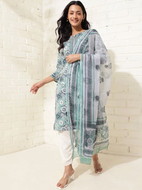 Fabindia Avni Blue Cotton Printed Kurta and Dupatta Set-picture-47