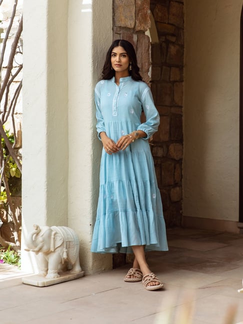 Buy Asrumo Blue Cotton Gauze Embroidered Dress for Women Online
