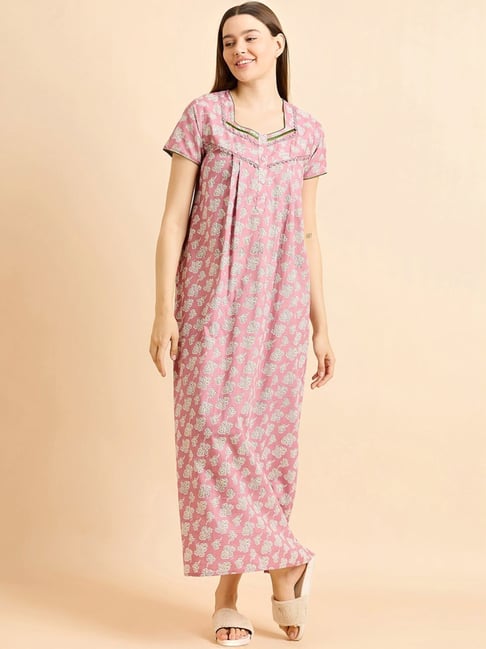 Buy Sweet Dreams Pink Cotton Printed Night Gown for Women Online