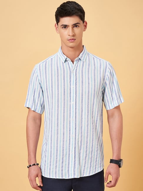 Byford By Pantaloons Blue Grotto Regular Fit Striped Shirt