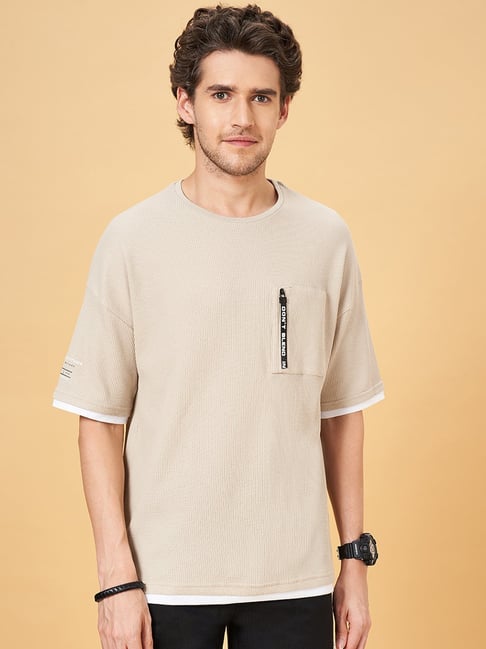 Street 808 By Pantaloons Antique White Loose Fit Texture T-Shirt-image-21