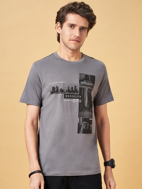 Sf Jeans By Pantaloons Steel Grey Slim Fit Printed T-Shirt