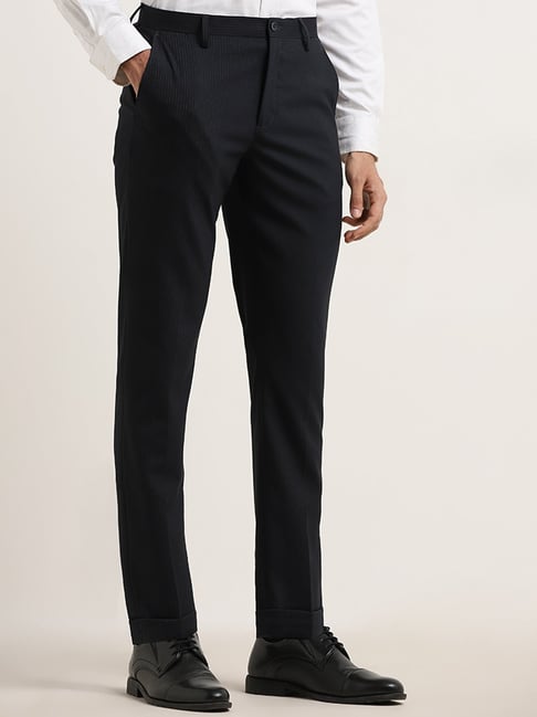 WES Formals by Westside Black Pinstripe-Detailed Carrot-Fit Trousers