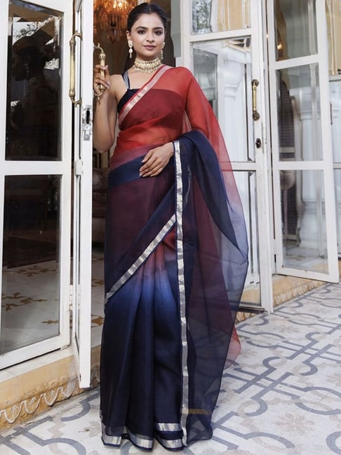 Geroo Jaipur Maroon & Dark Blue Pure Kota Silk Hand Dyed Saree-picture-46