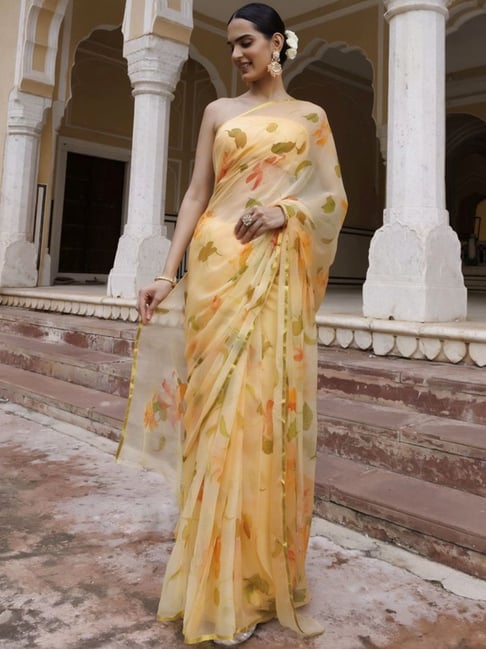 Geroo Jaipur Yellow Hand Painted Floral Chiffon Saree-picture-46