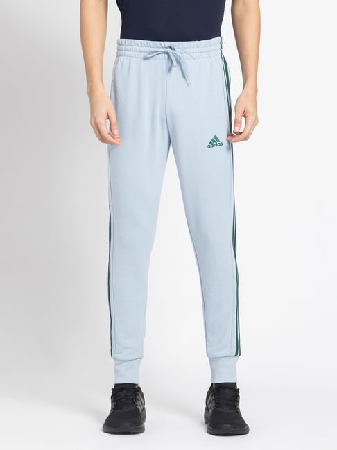 grey and blue adidas joggers