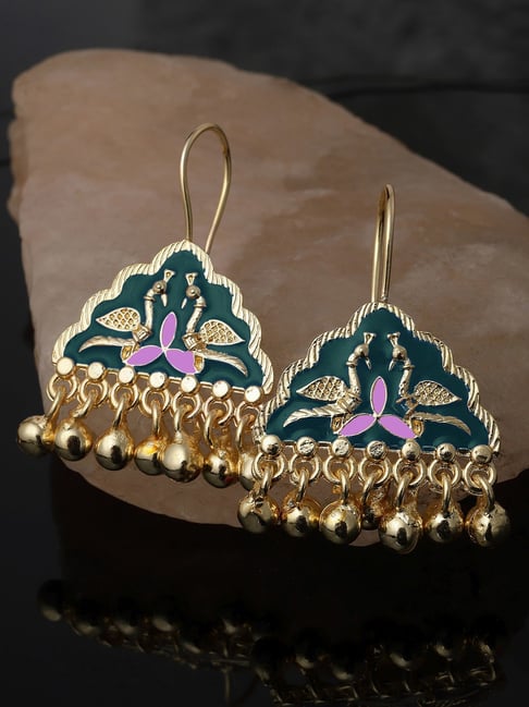 Karatcart Gold-Plated Green Meena Peacock Design Drop Earrings for Women-picture-14