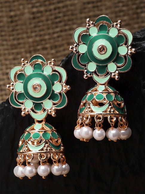 Karatcart Rose Gold-Plated Floral Design Green And Lime Green Meena Jhumki Earrings for Women-picture-35