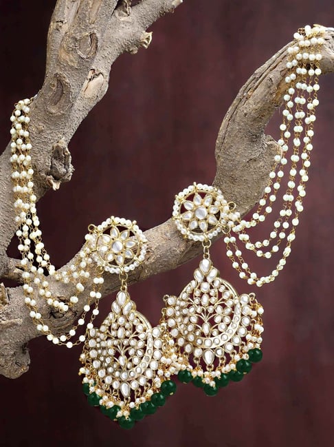 Karatcart Gold-Plated Green Beads Kundan Kaanchain Dangler Earrings for Women-picture-41