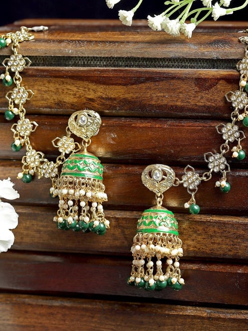 Karatcart Gold-Plated Green Meena And Beads Kundan Kaanchain Jhumki Earrings for Women-picture-23