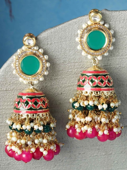 Karatcart Gold-Plated Green And Pink Meena Polki Kundan Jhumki Earrings for Women-picture-30