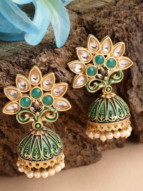 Karatcart Gold-Plated Green Meena And Kundan Jhumki Earrings for Women-picture-22