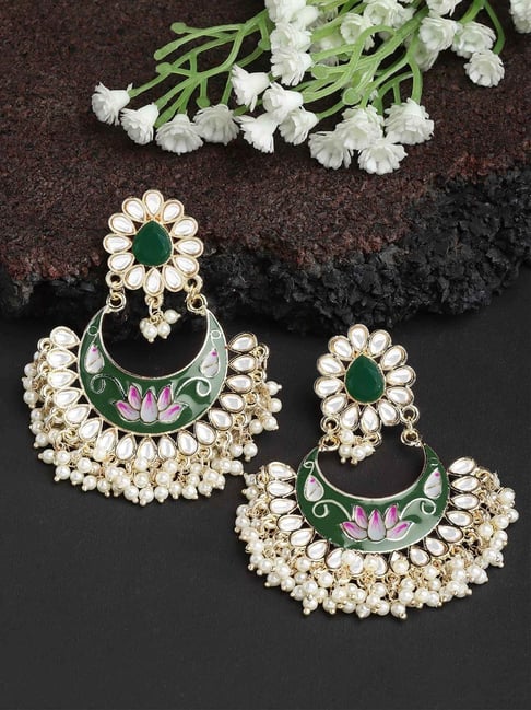 Karatcart Gold-Plated Lotus Design Green Meena Kundan Dangler Earrings for Women-picture-32