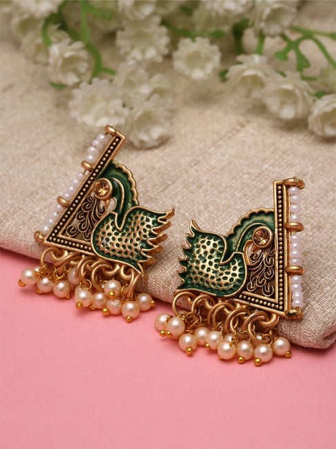 Karatcart Gold-Plated Green Meena Peacock Design Stud Earrings for Women-picture-15