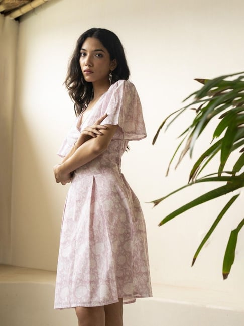 Akiso Inara Blush Pink Block Printed Box Pleat Dress