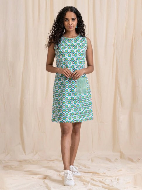Akiso Aloha Green Blue Sleeveless Shift Dress