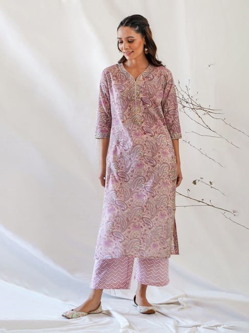 Akiso Gulkari Mulmul Handblock Kurta- Peach-picture-23