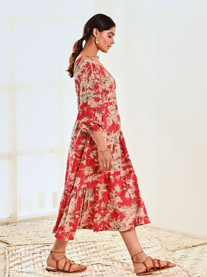 Moontara Red WallFlower Cotton Floral Print A Line Long Dress