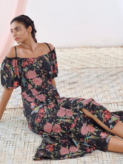 chinese dress ladies Black Draped Cold-Shoulder Sheer Hem Maxi Dress – NATICA