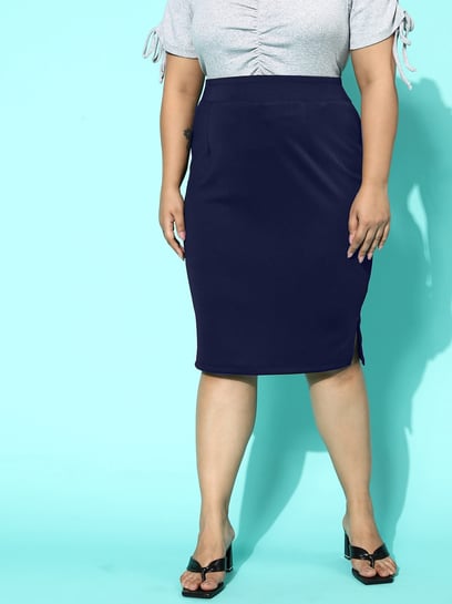 BUYNEWTREND Navy Plus Size Pencil Skirt