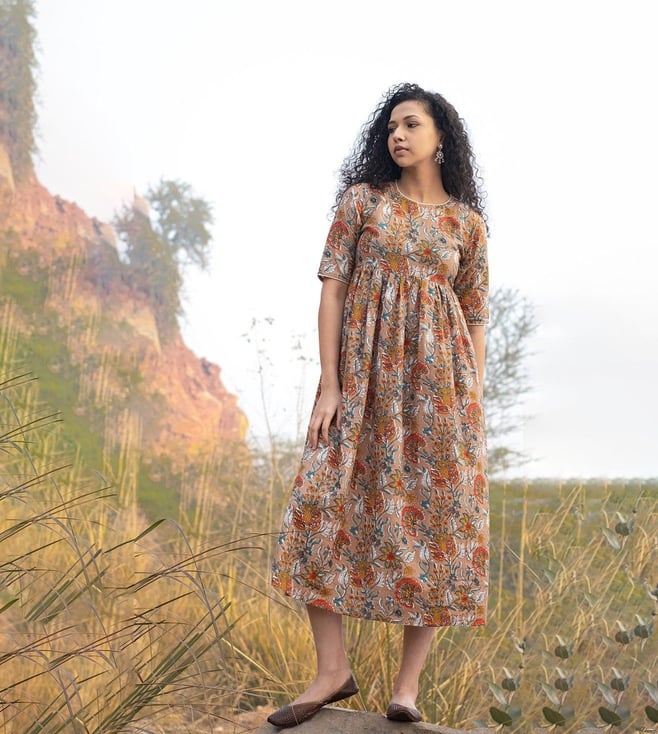 Akiso Bahaar Brown Fit And Flare Midi Dress With Back Button Detail