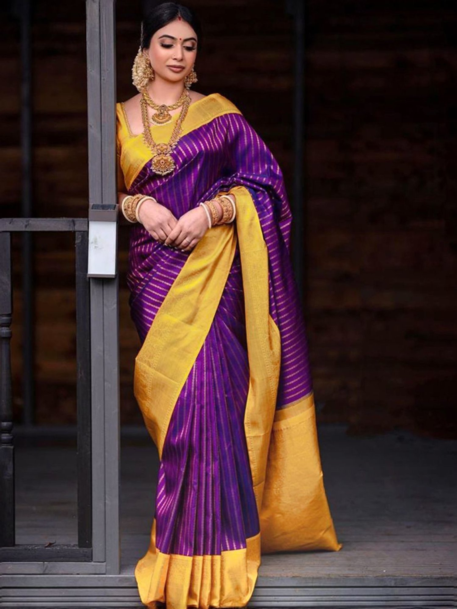 Hotsell Yellow Saree with Purple Motifs