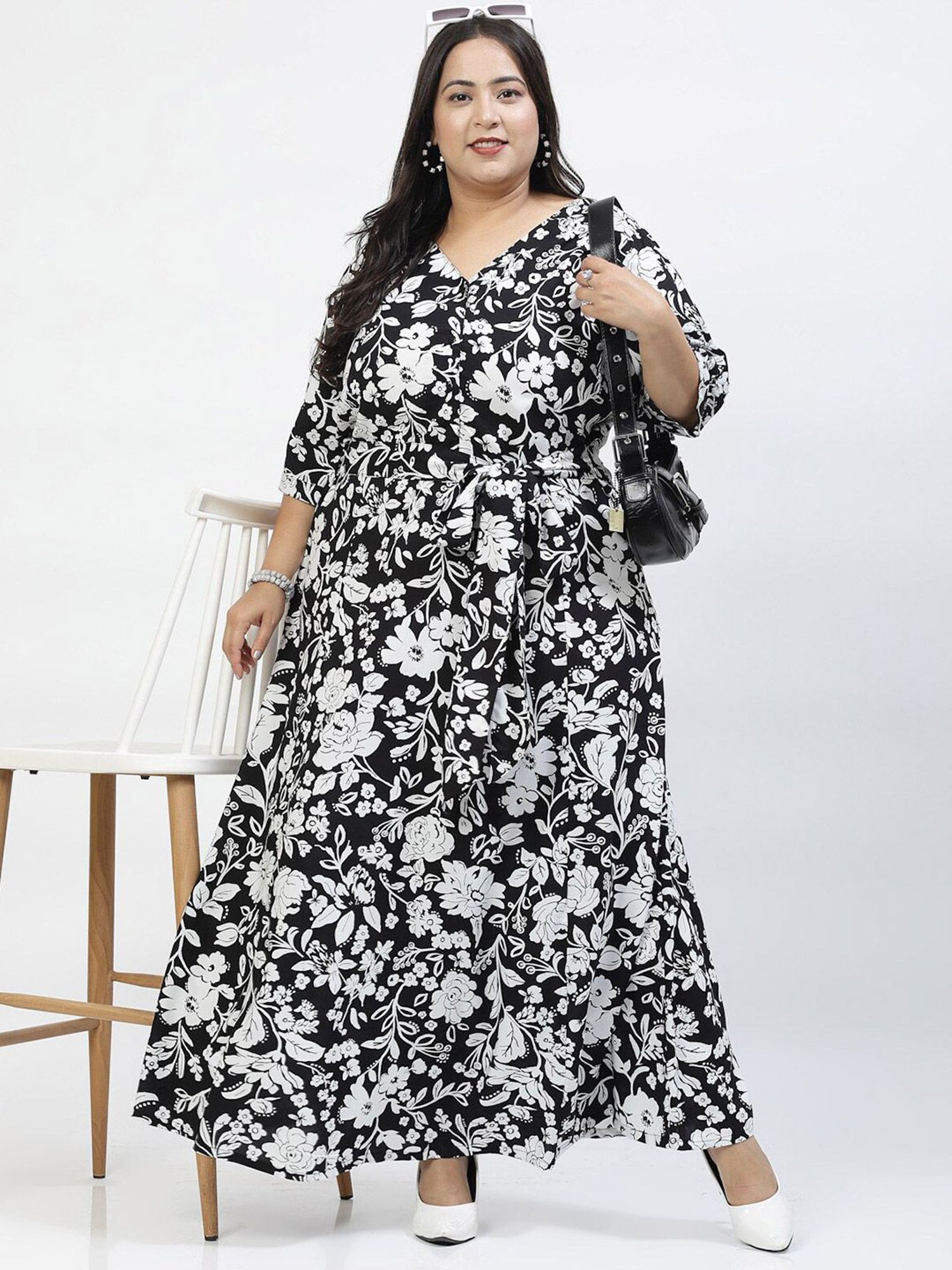 Melon by PlusS Plus Size Black & White Floral Print Maxi Dress