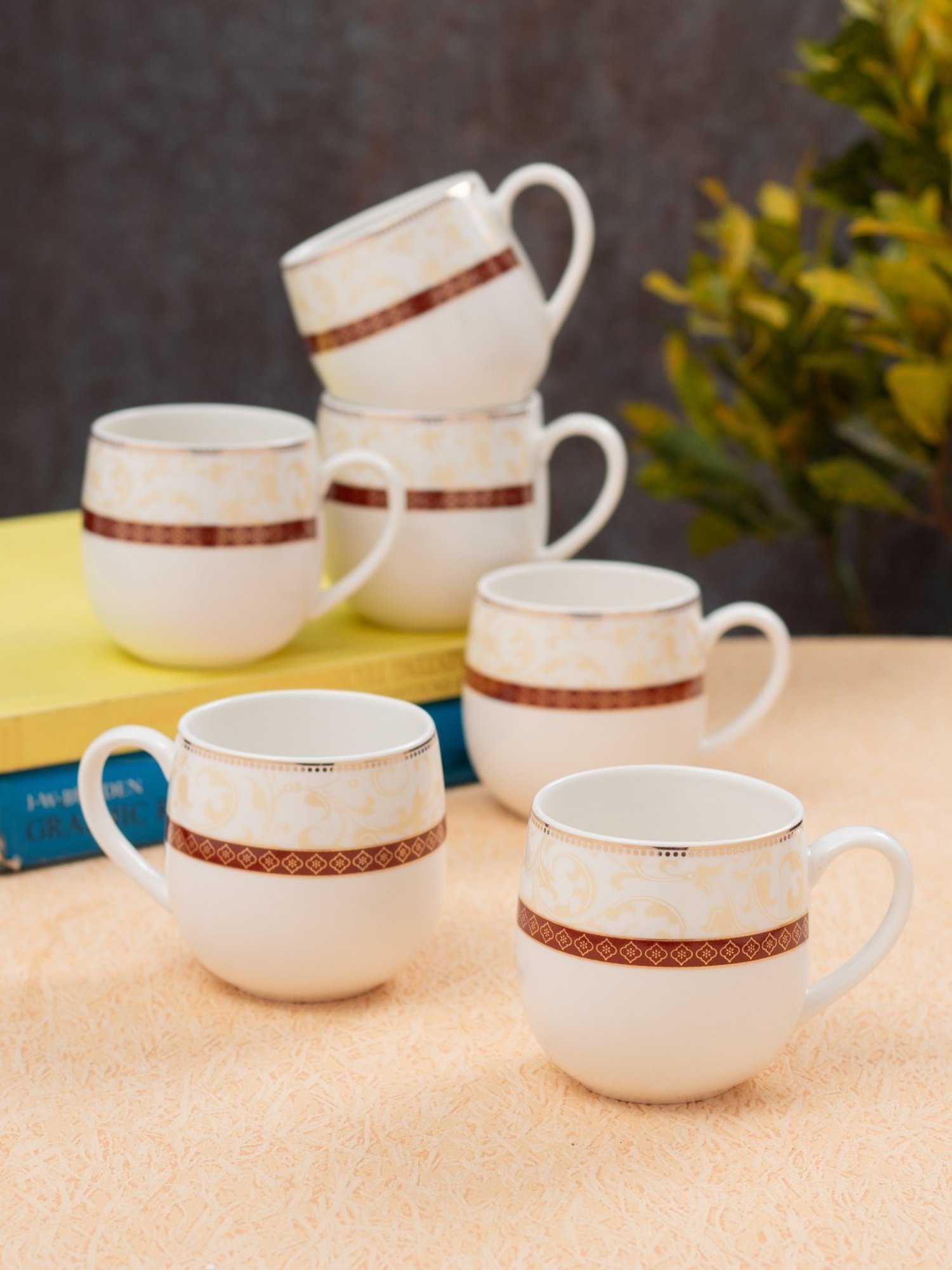 Buy JCPL Printed Maroon Ceramic Tea Cups- Set of 6 (180 ml each