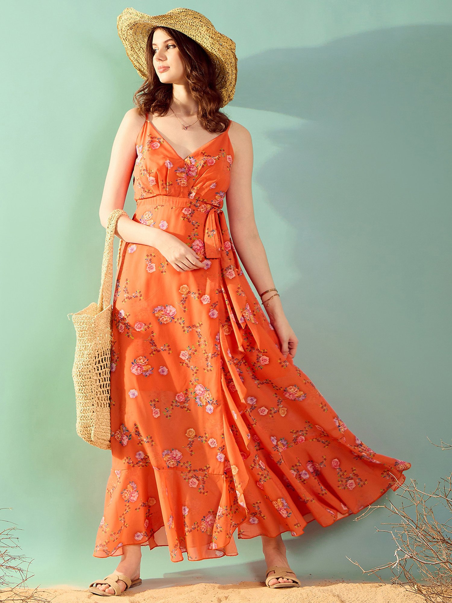 strapless open back dress Shop Orange Floral Midi Belted Dress - Casual Summer main image 0