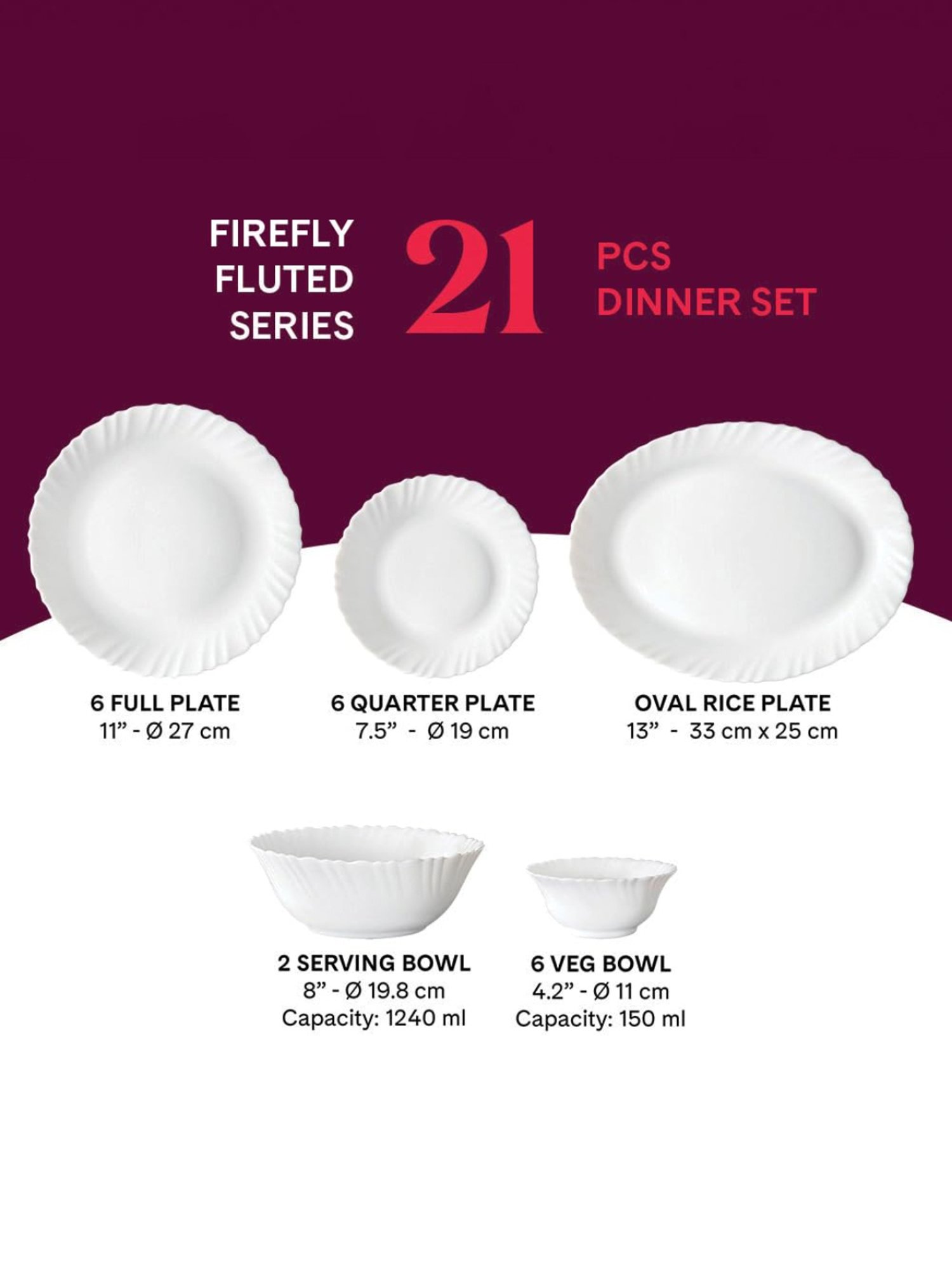 Buy Larah by Borosil Firefly Fluted White Opalware 21 Pieces