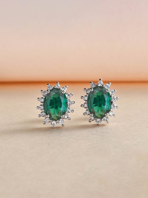 925 Silver Oval Green Emerald and American Diamond Stud Earrings for Women & Girls